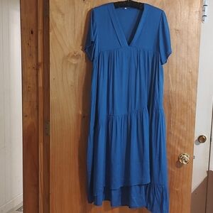 Flowy Slub Weave Maxi Dress Blue Tiered Asymmetrical Beachy Boho Cotton Blend S